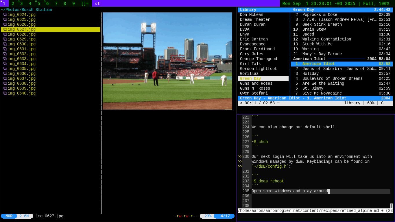 Screen shot of dwm with yazi, cmus, and micro